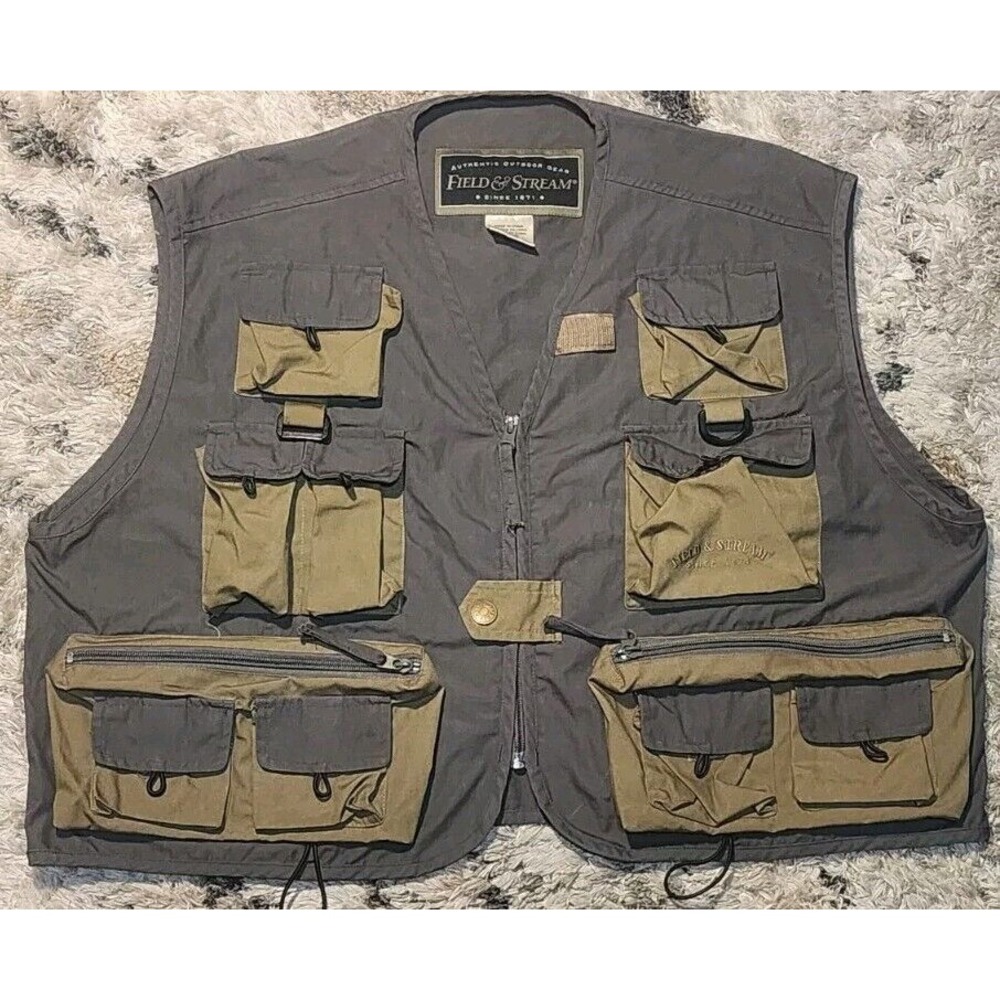Field & Stream Fly Fishing Vest Beige‎ Brown Pockets Sz L